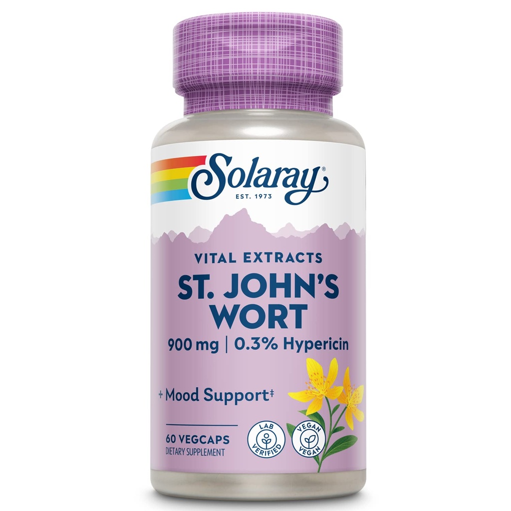 SOLARAY St. Johns Wort Aerial Extract 450mg Two Daily TEN Mood & Brain Health Support TENIDO 0,3% Hypericin TEN 60ct, 30 Serv.