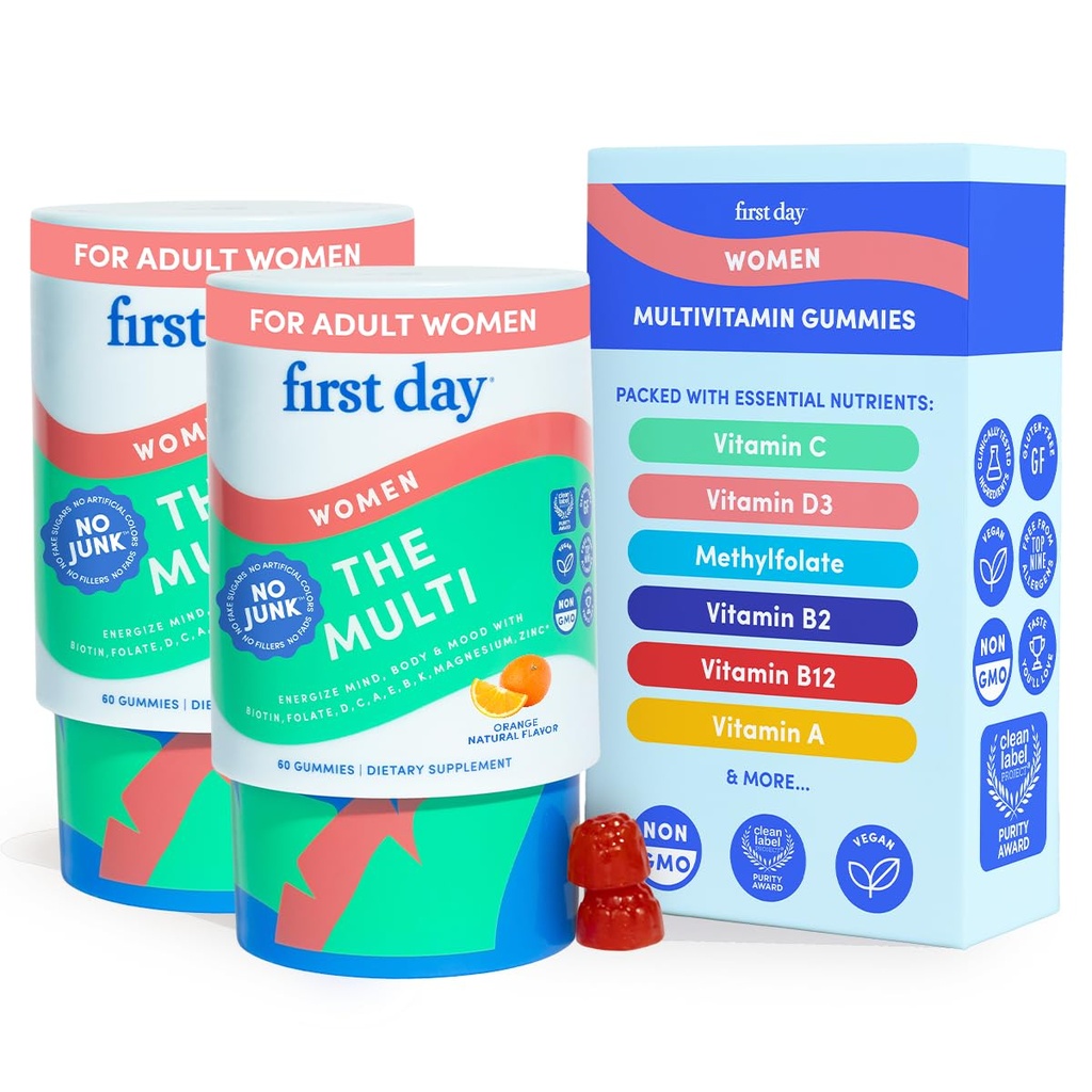 PRIMER DÍA Multivitamínico para Mujeres - Mujeres Diarias Gummies Multivitamínicas - Vitamina A C D E B12, Magnesio, Zinc, Biotina – Vegan, Gluten Mujeres Libres Vitaminas - Crecimiento del cabello, Esquía, Energía – 60 Day Supply