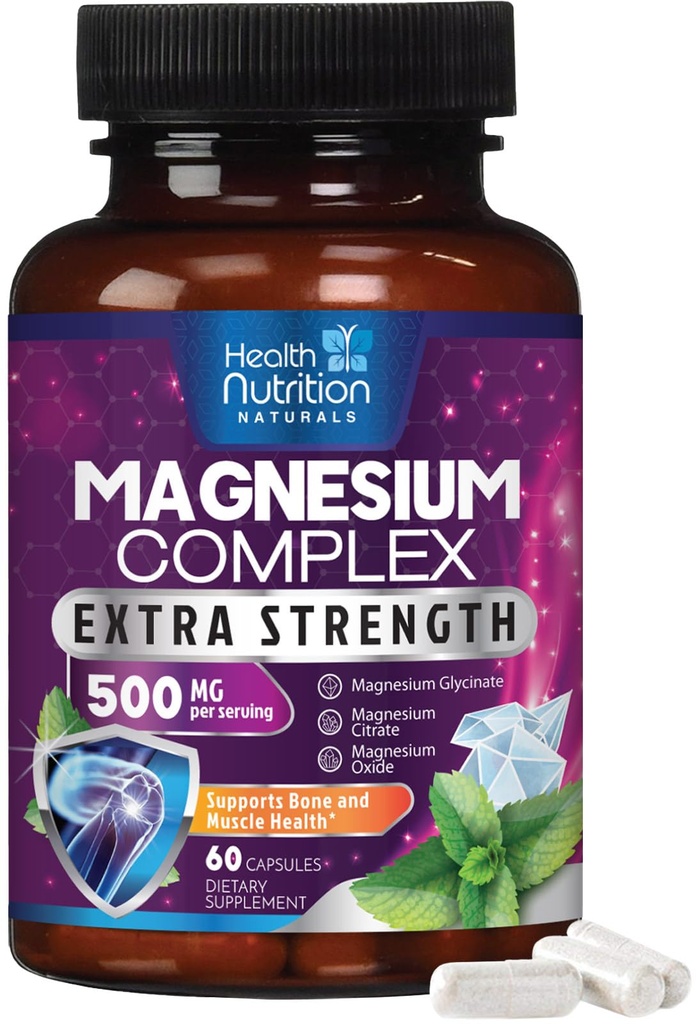 Magnesium Complex 500mg per Serving - Max Absorption Magnesium Powder Capsules for Muscle, Nerve, Bone and Heart Health Support, High Absorption Citrate Complex, Gluten Free, Non-GMO - 60 Capsules