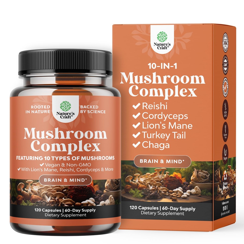 Complejo avanzado de setas cápsulas - 10X Lions Mane suplemento cápsulas con Reishi, Chaga, Maitake " Shiitake for Brain Health Memory Support " Focus - Nootropic for Mental Clarity - 120 caps