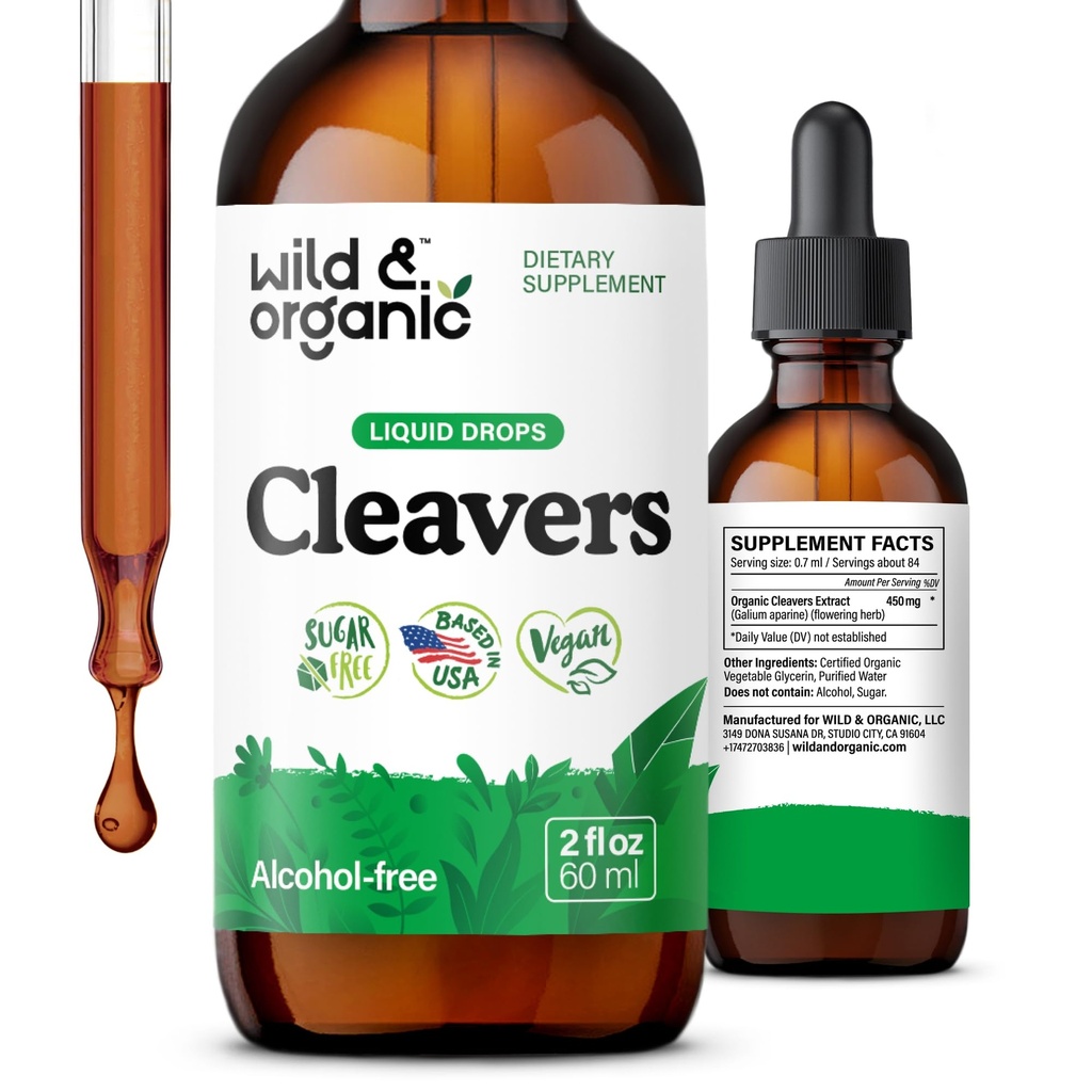 Wild &amp; Organic Cleavers Tincture - Natural Detox gotas con la hoja de Cleavers - Galium Aparine Herb Extracto Suplemento - Vegan, Azúcar &amp; Sin alcohol - 2 fl oz