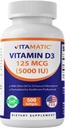 Vitamina Vitamática D3 5000 UI (125 mcg) – 500 Mini Softgels Fórmula base de aceite de oliva – Cold-Presed – 500-Day Supply – Soporta Bone, Muscle & Immune Health – Non-GMO & Gluten-Free