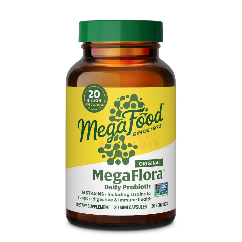 MegaFood MegaFlora Probiótico - Probióticos para Mujeres Salud Digestiva - Suplemento de Apoyo Inmunitario - 20 Billones CFU - 14 Strains - Non-GMO - Vegetariano - 30 Mini Capsules (30 Servimientos)