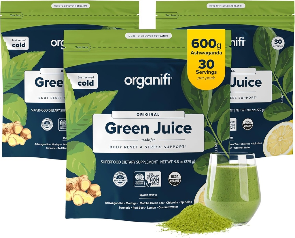 Organifi Green Juice - Organic Superfood Powder - 90-Day Supply - Organic Vegan Greens - Helps Decrease Cortisol - Proporciona una mejor respuesta al estrés - Supports Weight Control - Total Body Wellness