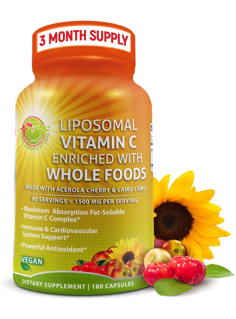 Liposomal Vitamina C Capsules - 1500mg - Hecho con Cerezas de Acerola Orgánica &amp; Camu Camu, Alta Potencia Vitamina C Liposomal - Suplemento de Apoyo Inmuno, Absorción Mejorada & Biodisponibilidad - 180 Conde