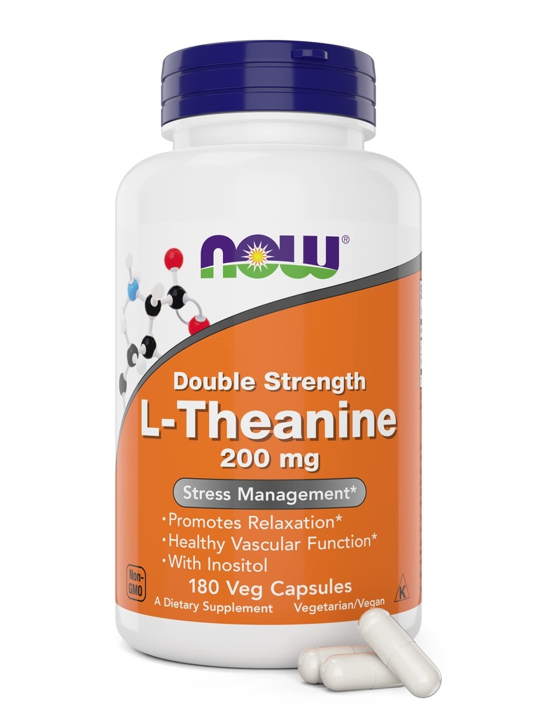 AHORA Alimentos L-Teanina, Doble Fuerza 200 mg Por Cap - 180 Veg Capsules - Mejorado con 100 mg Inositol - Vegetariano, No GMO - Ltheanine 200mg Suplemento