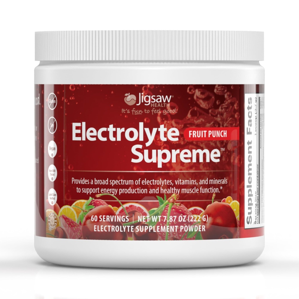 Jigsaw Health Electrolyte Supreme tención Broad Spectrum of Electrolytes + Trace Minerals ← Fruit Punch Flavor tención 60 Servings (Jar)