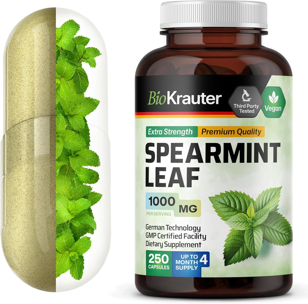 BIO KRAUTER Spearmint Capsules 1000 mg - 250 Conde - Vegan Spearmint Suplemento para el apoyo respiratorio digestivo - Mentha Spicata - No Fillers