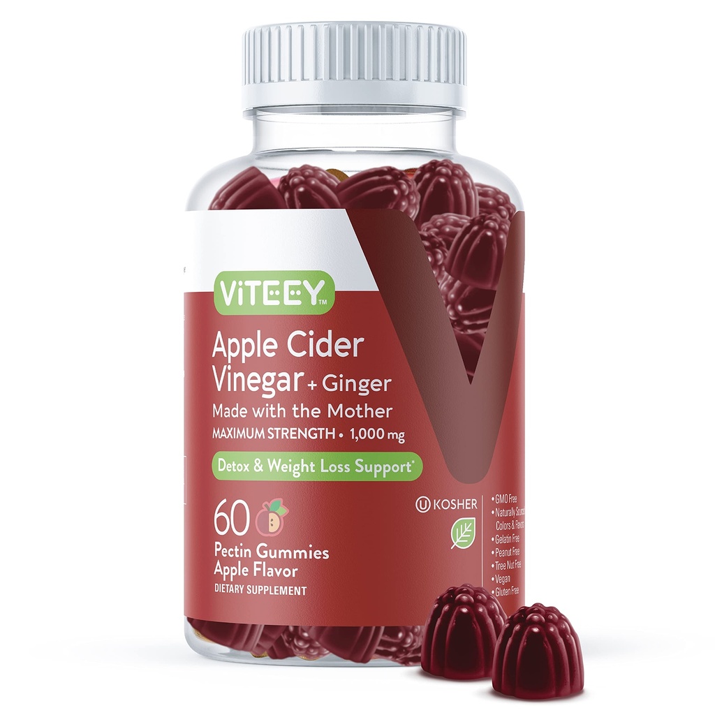 Viteey Apple Cider Vinegar Gummies y Ginger – 1000 mg ACV Gummies for Weight Loss, Detox y Digestion – Vegan, Gluten-Free – 60 Conteo