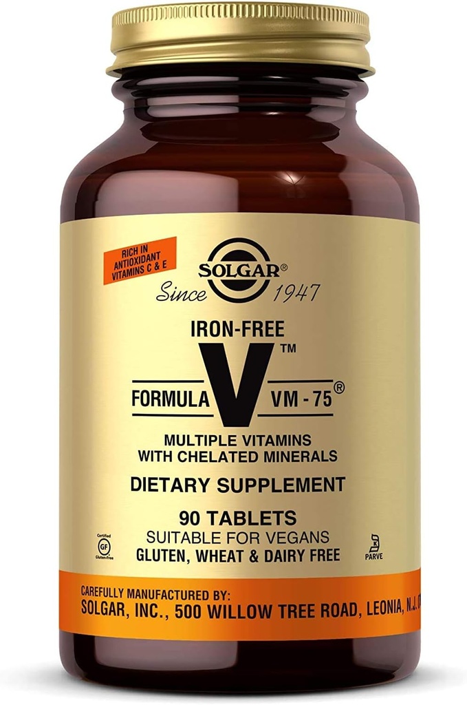 Solgar Fórmula libre de hierro VM-75, 90 Tabletas - Multivitamina con Minerales Chelated - Vitamina A, B6, B12, C, D, E - Biotina, Magnesio, Calcio, Zinc - Vegan, Gluten & Dairy Free, Kosher - 90 Servings