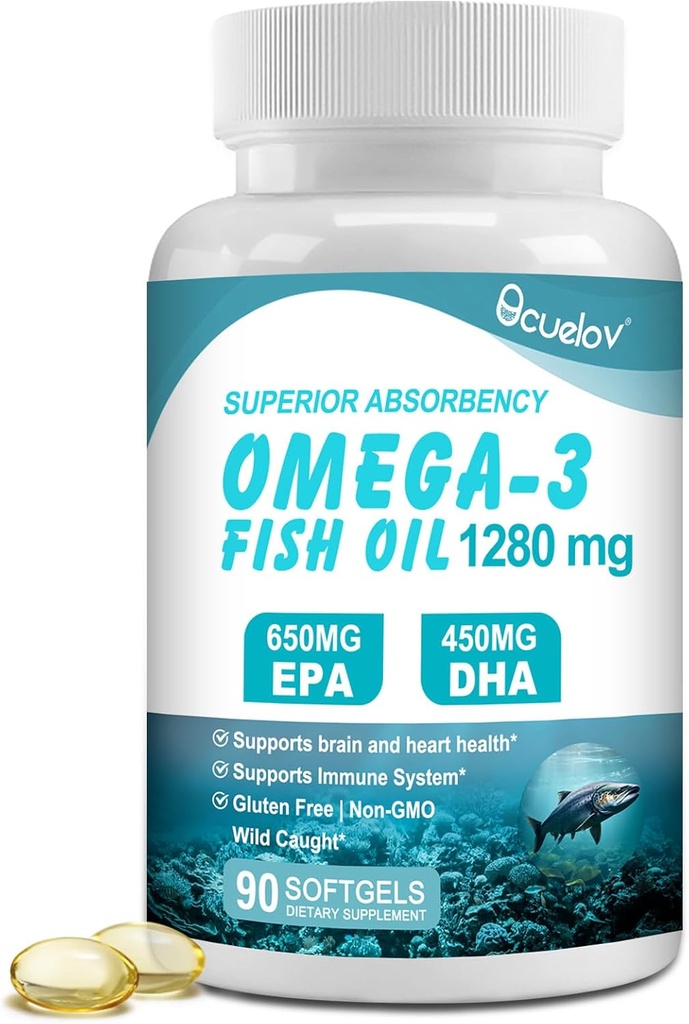 Omega 3 Suplementos de aceite de pescado,Triple Strength Omega 3 Suplemento nutricional con 650 mg EPA 450mg DHA Por Servir - Cerebro, Ojo, Corazón & Inmune Apoyo a la salud - 90 Softgels (45 Serv)