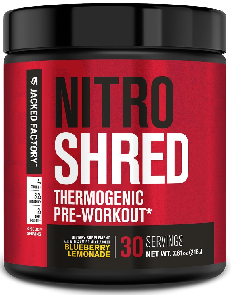 Fábrica de Jacked NITROSURGE Shred Pre Workout Suplemento - Energy Booster, Instant Strength Gains, Sharp Focus, Powerful Pumps - Nitric Oxide Booster &amp; PreWorkout Powder - 30Sv, Blueberry Lemonade
