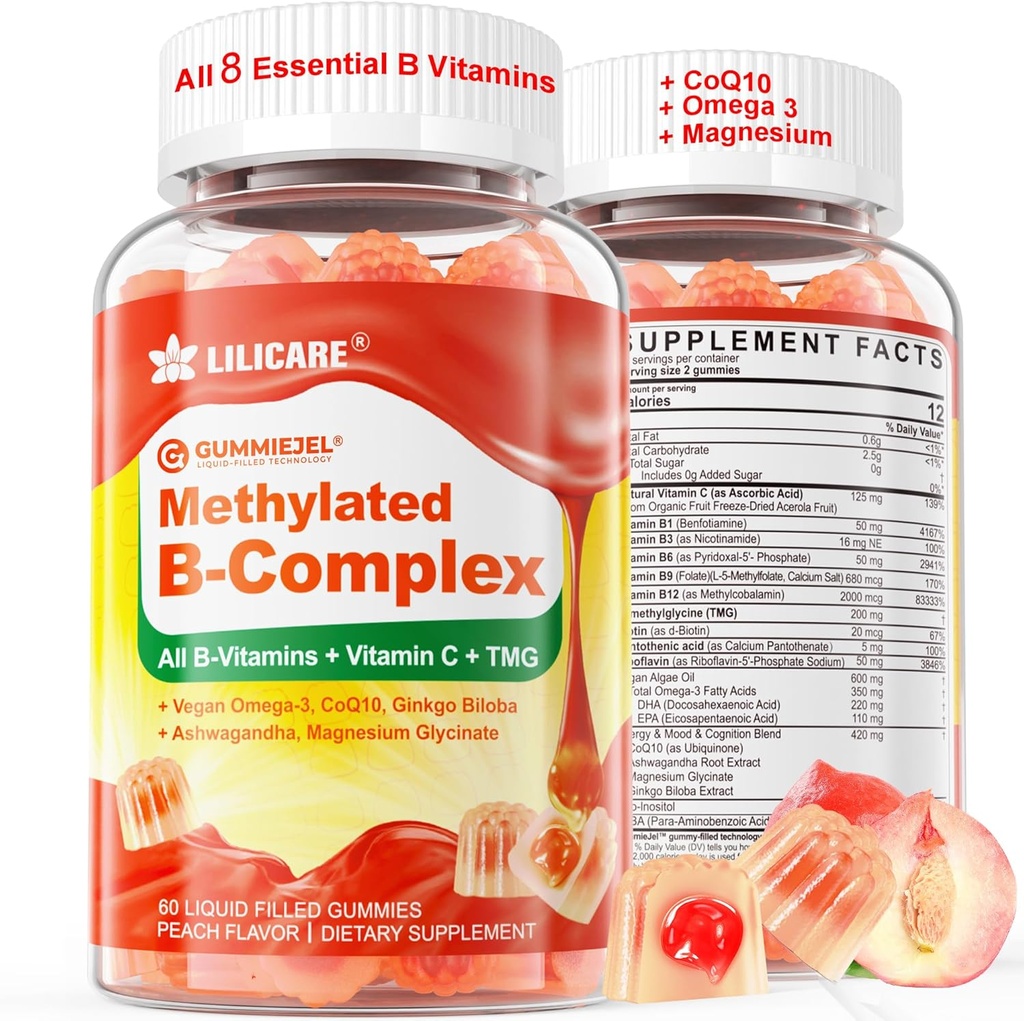 Super Methylated Complejo de vitamina B - Todas las vitaminas B + Omega-3, Magnesium, CoQ10, Ashwagandha,Vitamin C, TMG- Para Mujeres Men- Methyl B12 2000 mcg, Methylfolate, B1,B2, B3,B5,B6,B7- Sugar Gratis