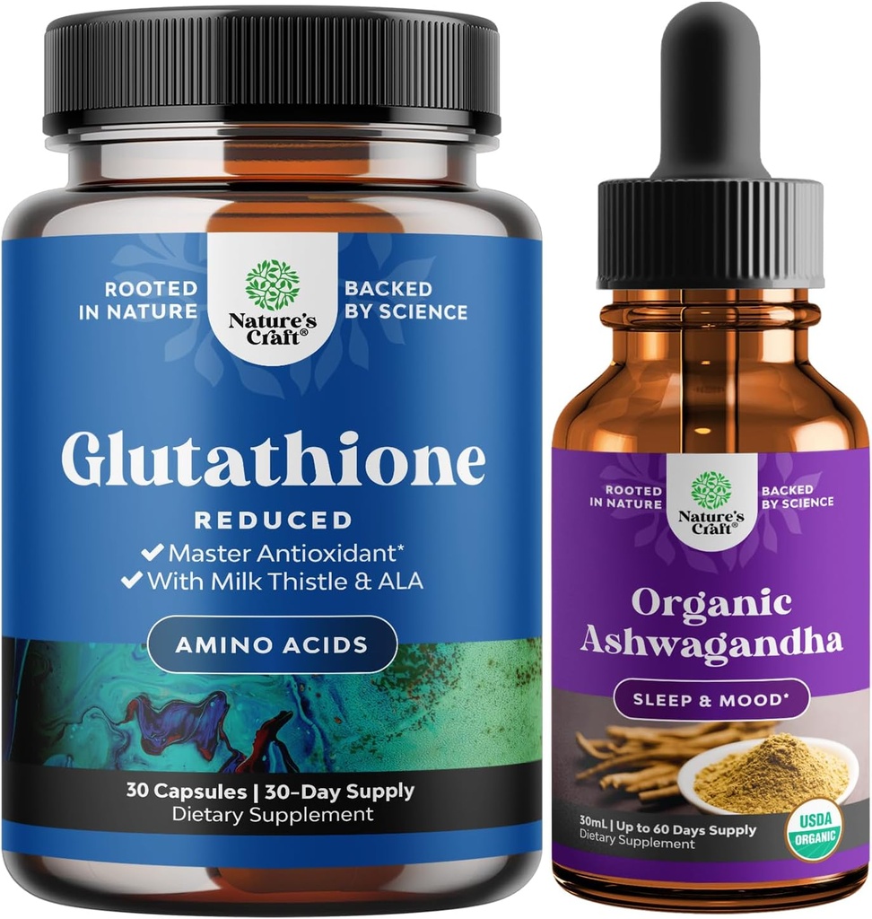 Natures Craft Bundle of Reduced Glutathione Supplement with Glutamic Acid and Organic Ashwagandha Liquid Drops for Energy Stress and Mood Support