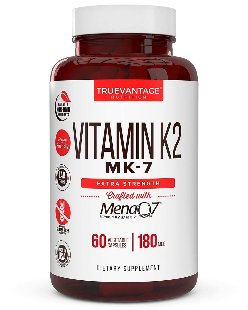 Vitamina k2 MK-7 Suplemento 180mcg -Vitamin K2 soporta la salud ósea y cardíaca para la absorción de calcio cardiovascular de las arterias- 60 capas vegetales fáciles de absorber de MenaQ7 K2 MK7