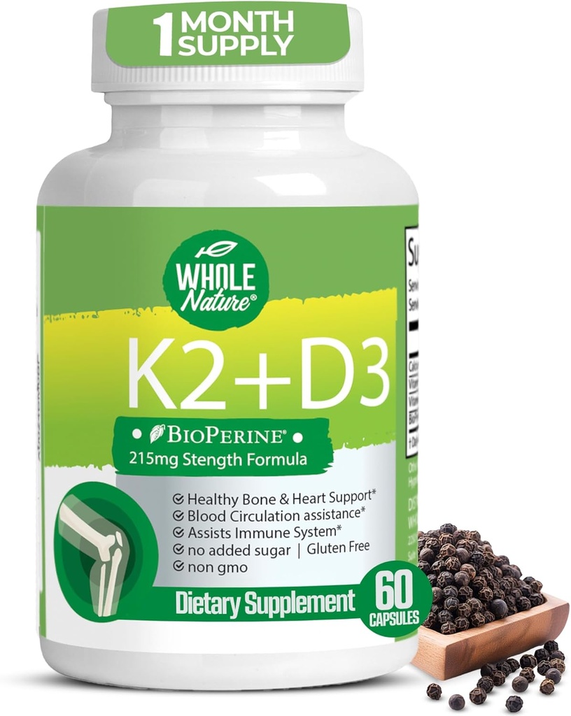 K2 D3 Suplemento de vitamina con BioPerine - Calcio vegano con vitaminas K y D - Advanced D3K2 VIT 5000 UI - 60 Vegan D3 Plus K2 MK-7 Complejo cápsulas nutricionales para la salud del corazón y el hueso (1