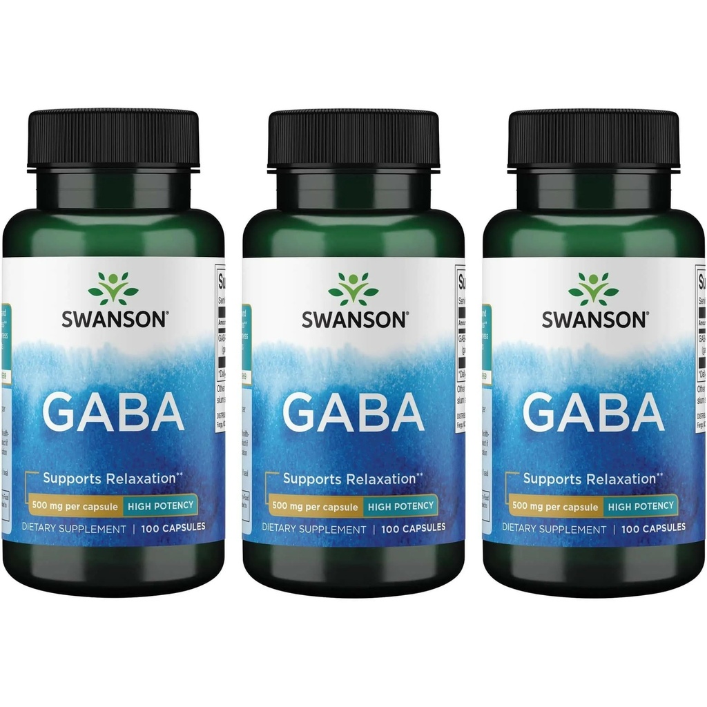 Swanson GABA - Suplemento Aminoácidos Promoción de la calma " Relajación para apoyar el sueño relajante - Fórmula de alta potencia para apoyar los niveles de estrés saludable - (100 cápsulas, 500 mg cada uno) (3 Pack)