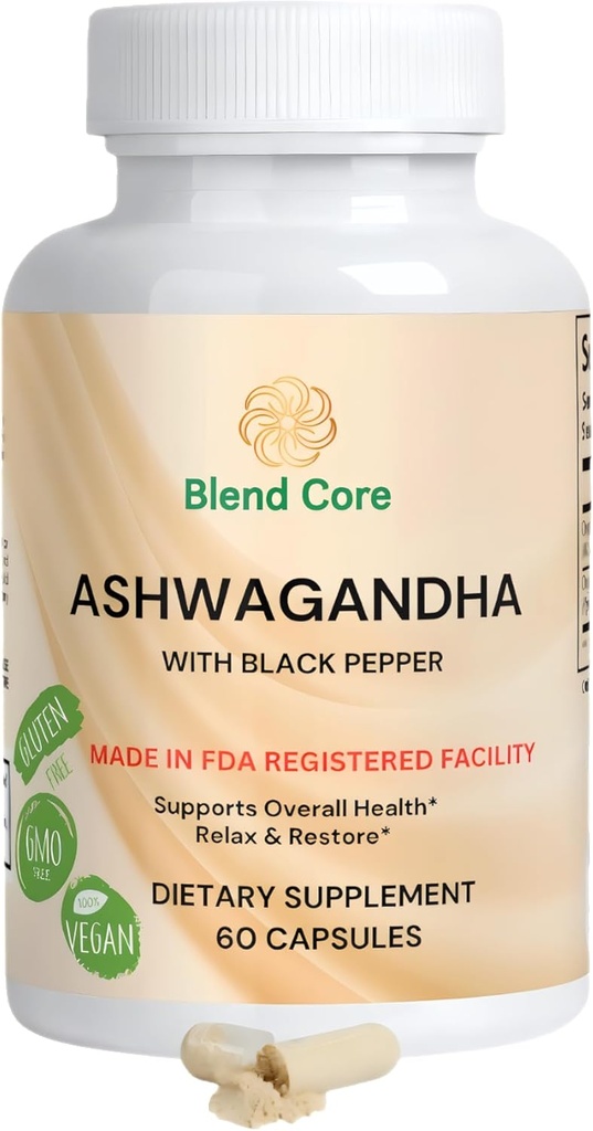 Ashwagandha con Black Pepper Ashwagandha Suplementos – 60 Conde Pure Ashwagandha Capsules para Immune Support, Energy Boost – Non-GMO Vegan Friendly Ashwagandha Complejo