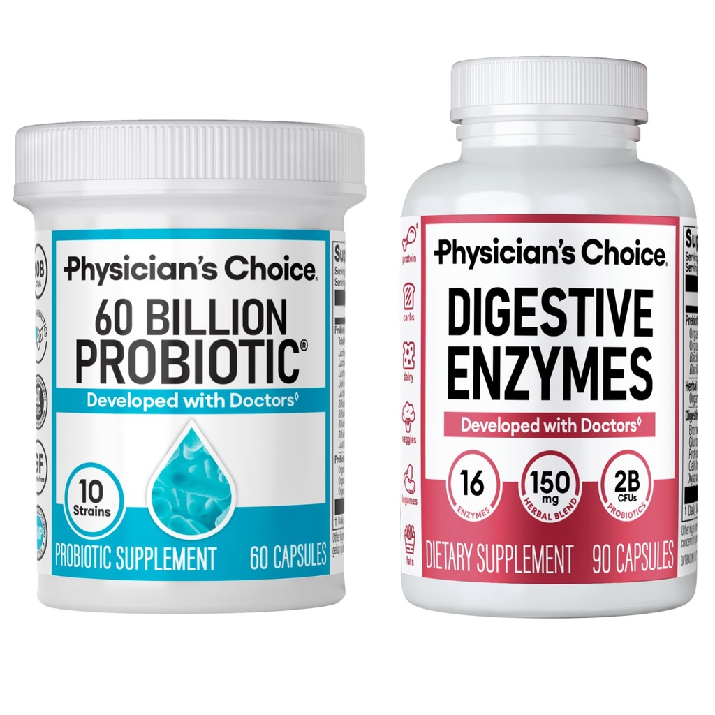 Physician's CHOICE - Optimal Gut Health Bundle: 60 Billion Probiotic 60ct + Digestive Enzymes 90ct for Digestive Comfort and Immune Support