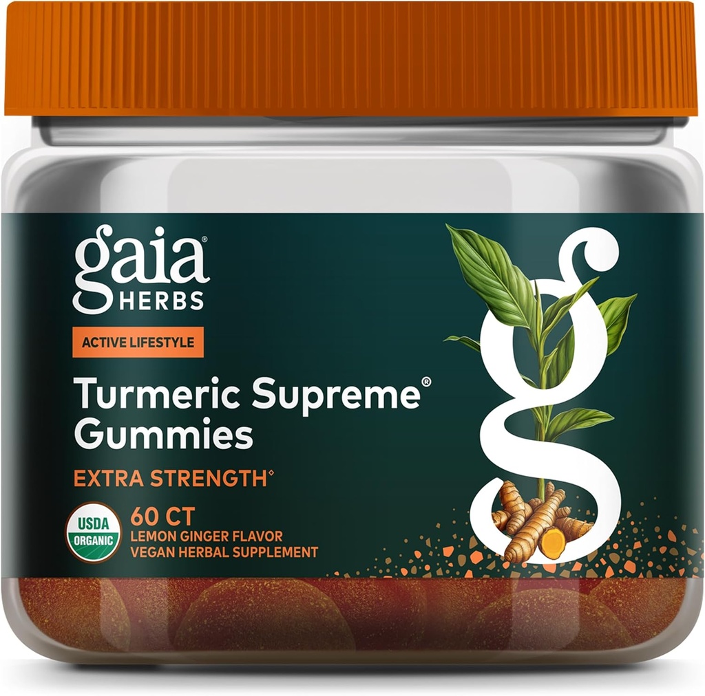 Gaia Herbs Turmeric Gummies Suprema Extra Strength - Soporta el alivio de la hinchazón para ayudar a mantener un estilo de vida activo - Lemon Ginger Flavor - 60 Gummies Orgánicos Vegan (20-Day Supply)