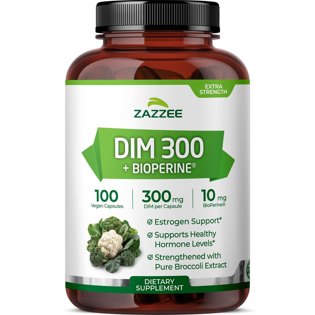 Zazzee DIM 300 mg Por Cápsula, 100 Cuenta, Más 10 mg BioPerine, Estrógeno Balance, Hormonal Acne, Menopause Support, Hormonal Balance, Diindolylmethane, Vegan, All-Natural, Non-GMO, Made in The USA