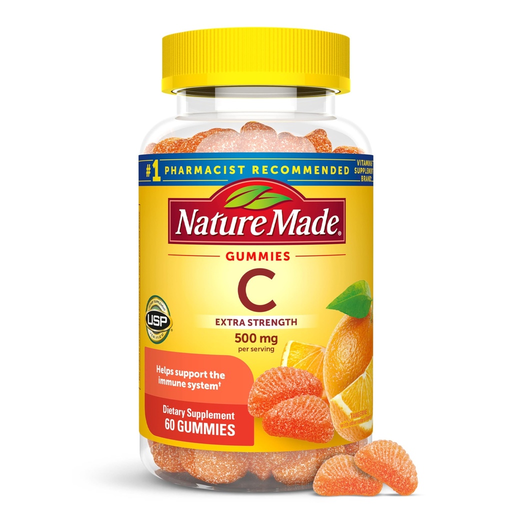 Vitamina C 500 mg por por porción, Suplemento dietético, Gummies de vitamina C para soporte inmunitario, 60 Gummies, 30 Day Supply