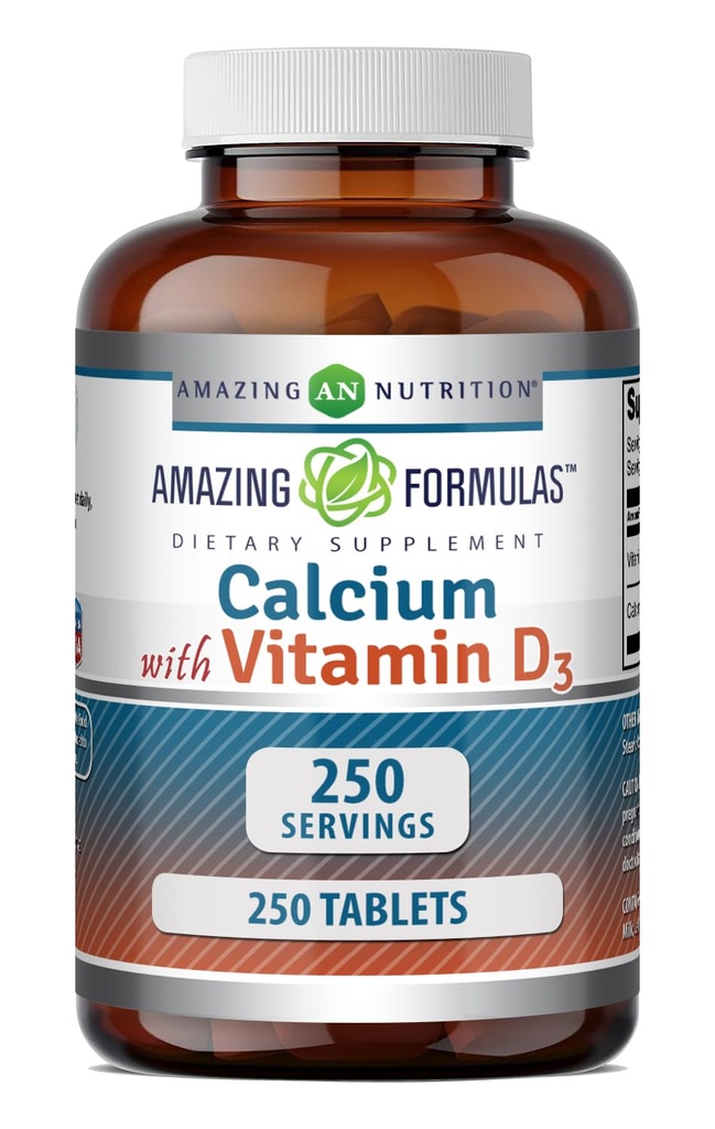 Fórmulas asombrosas Calcio con Vitamina D3 Suplemento TENIDO Tabletas TENIDOS NO-OMG TENIDO Gluten-Free TEN Made in USA (1 Pack, 250 Conde)