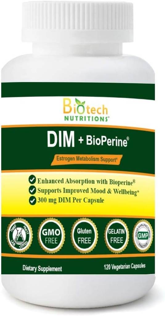 DIM Suplemento 300 mg DIM Diindolylmethane Plus BioPerine 120 Days Supply Made in USA 120 Vegetable Capsules (120)
