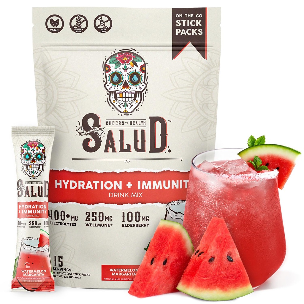 Salud 2-en-1 Hidratación y electrolitos de inmunidad Polvo, sandía Margarita - 15 Serviciones, Agua Fresca Bebida Mix, Elderberry, Dairy &amp; Soy Gratis, No Gluten Free, Vegan, Baja Calorie, 1G Sugar