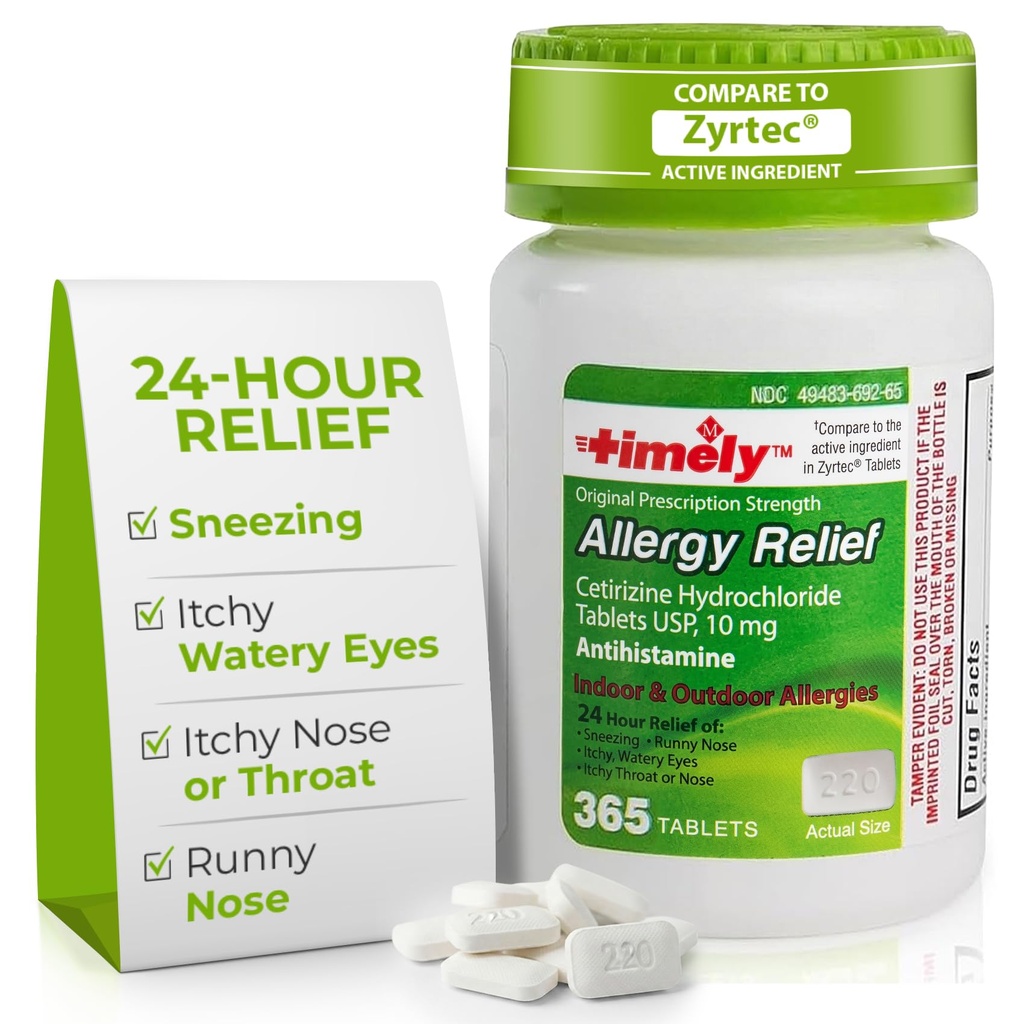 Lágrimas de hora, INC. Temporadamente Cetirizine HCl 10 Mg 365 Tablets - 24 horas Alivio de la alergia del estornudo, nariz de rubí, picante ojos de agua, picazón de garganta o nariz