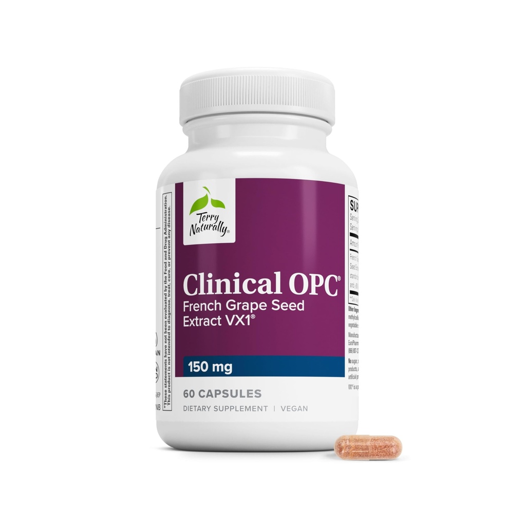 Terry Naturalmente Clínico OPC - Cardiovascular Health & Focus Support Suplemento - Suplemento dietético con Grape Seed Extract &amp; Sunflower Lecithin - Immune Support Suplemento - 150 mg, 60 Softgels