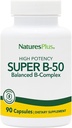 Natures Plus Super B50-90 Vegetarian Capsules - High Potency B Complex Vitamin Supplement - Brain & Energy Booster - Gluten-Free - 90 Servimientos