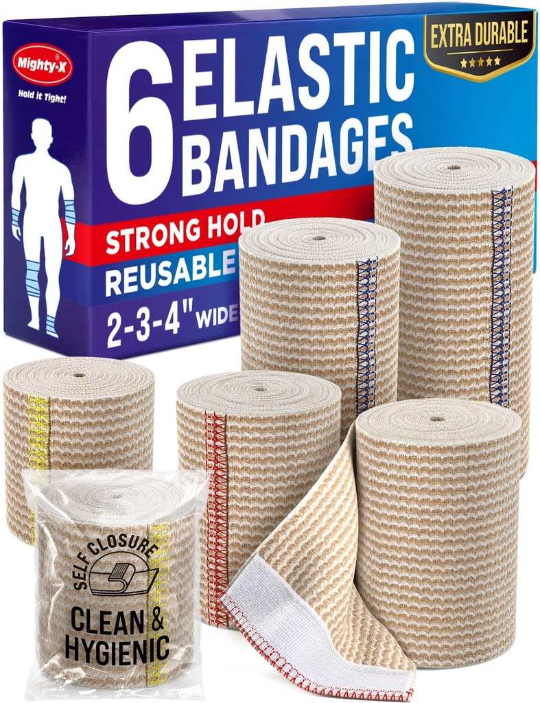Wrap de Banda Elástica de alto rendimiento - 6 Pack (2x2in, 2x3in, 2x4in) - Auto-Cerrar Fuerte Compresión Bandage Wrap for Feet, Ankles, Wrists, and Knees