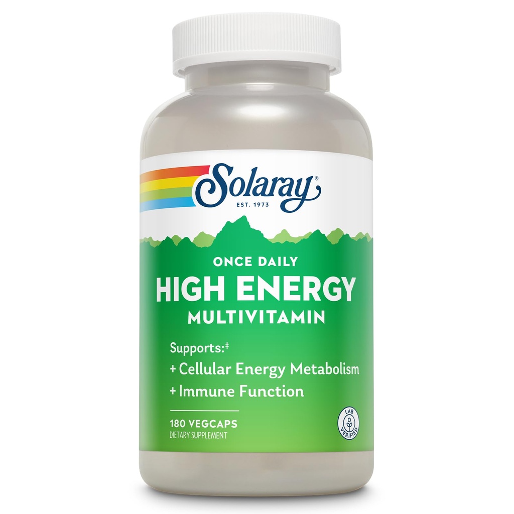SOLARAY Once Daily High Energy Multivitamin for Women and Men – with Vitamin C, Vitamin D and Whole Food & Herb Base - Cellular Energy Metabolism & Immune Function Support – 180 Servings, 180 VegCap