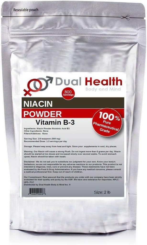 Niacin Powder (2 lbs) Vitamina B3 Bulk Suplemento de liberación inmediata Niacina con Flush ácido nicotínico No GMO, Vegan, Gluten Free Company Fast Absorption No GMOs, Fillers, Additives or Heavy Metals