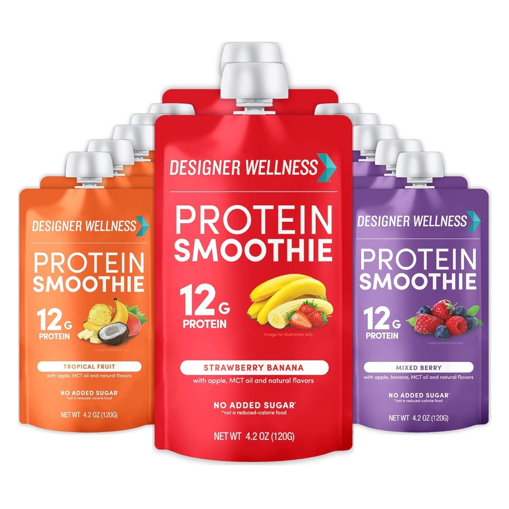 Diseñador Wellness Protein Smoothie, Fruta Real, 12g Proteína, Bajo Carb, Cero Añadido Azúcar, Sin gluten, No GMO, Sin Colores Artificiales o Sabores, Variedad Pack, 12 Condes