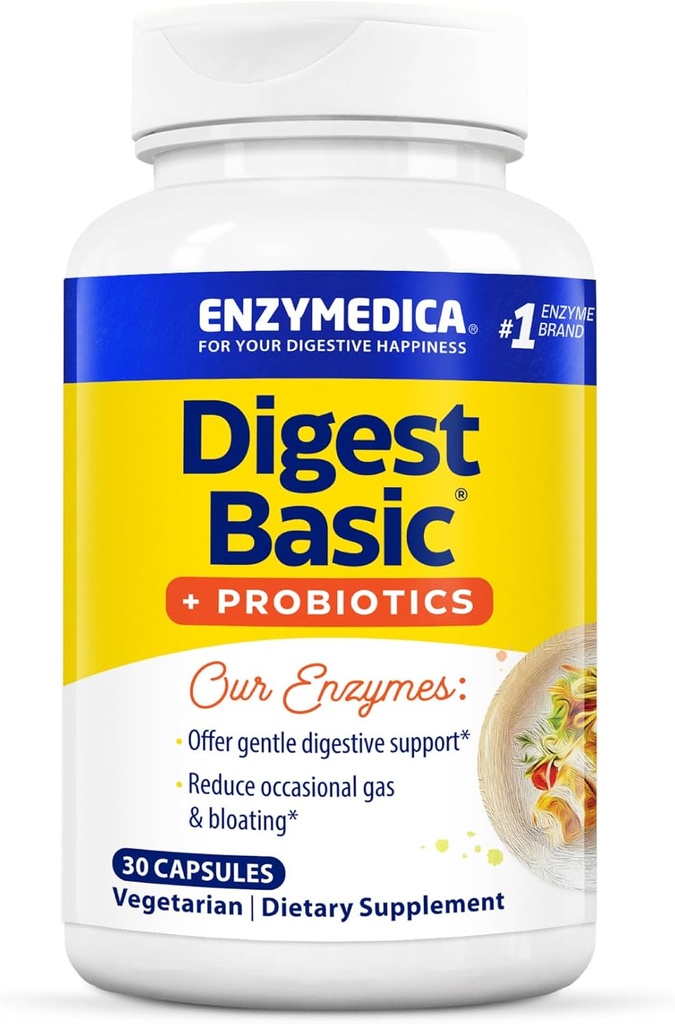 [BRSWIGYPBIMGMYL6] Enzymedica, Digest Basic + Probiotics, Gentle Digestive Enzymes with 400 Million CFU Active Cultures per Capsule, 30 Capsules