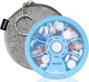 INVODA Organizador semanal de píldoras 7 Caja de Píldora rotativa para medicamentos diarios & vitaminas - Caja de Píldora de Viaje Portable Suplementos de aceite de pescado Vitaminas Organizador (Blue+Bag)