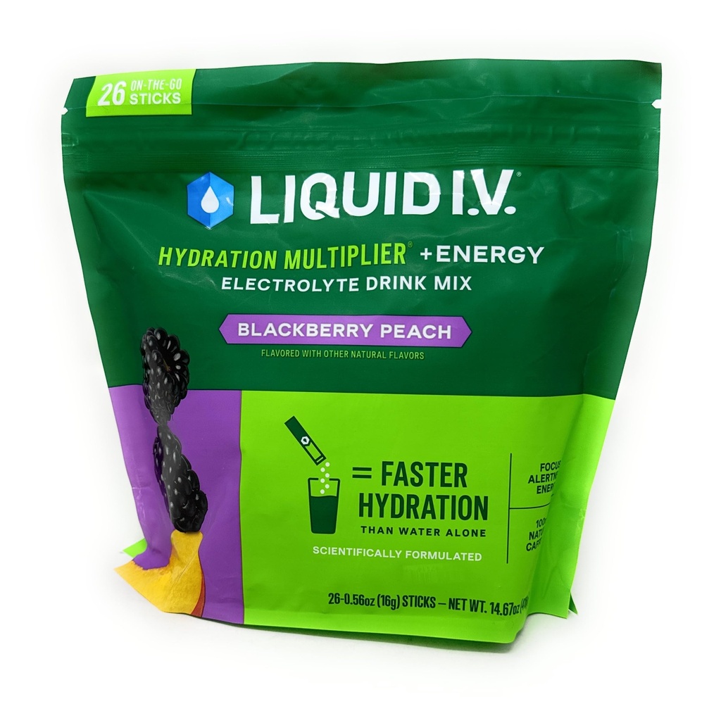 Multiplicador de hidratación líquido I.V. + mezcla de bebida energética, BlackBerry Peach (26 Pack)