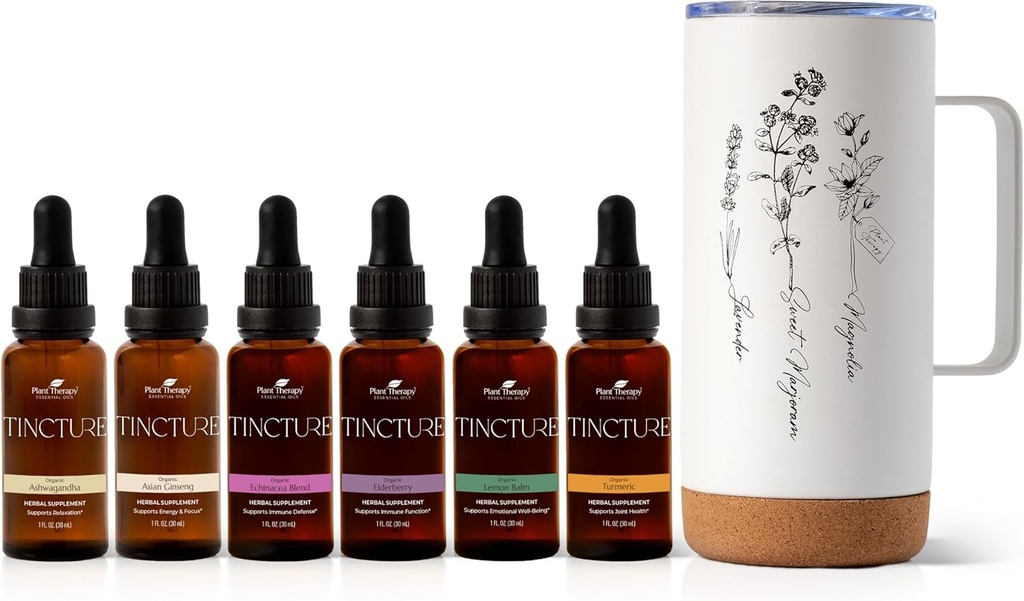 Terapia vegetal Paquete de Tintura total Incluye 30 mL Cada una de Ashwagandha orgánica, Ginseng asiático, Echinacea Blend, Elderberry, Lemon Balm, Turmeric &amp; Travel Mug