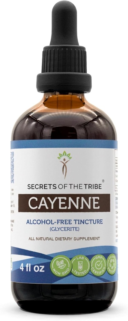Secretos de la tribu Cayenne Tincture Extracto libre de alcohol, gotas herbales de alta potencia, Tintura hecha de Cayenne Capsicum annuum Efecto estimulante 4 oz