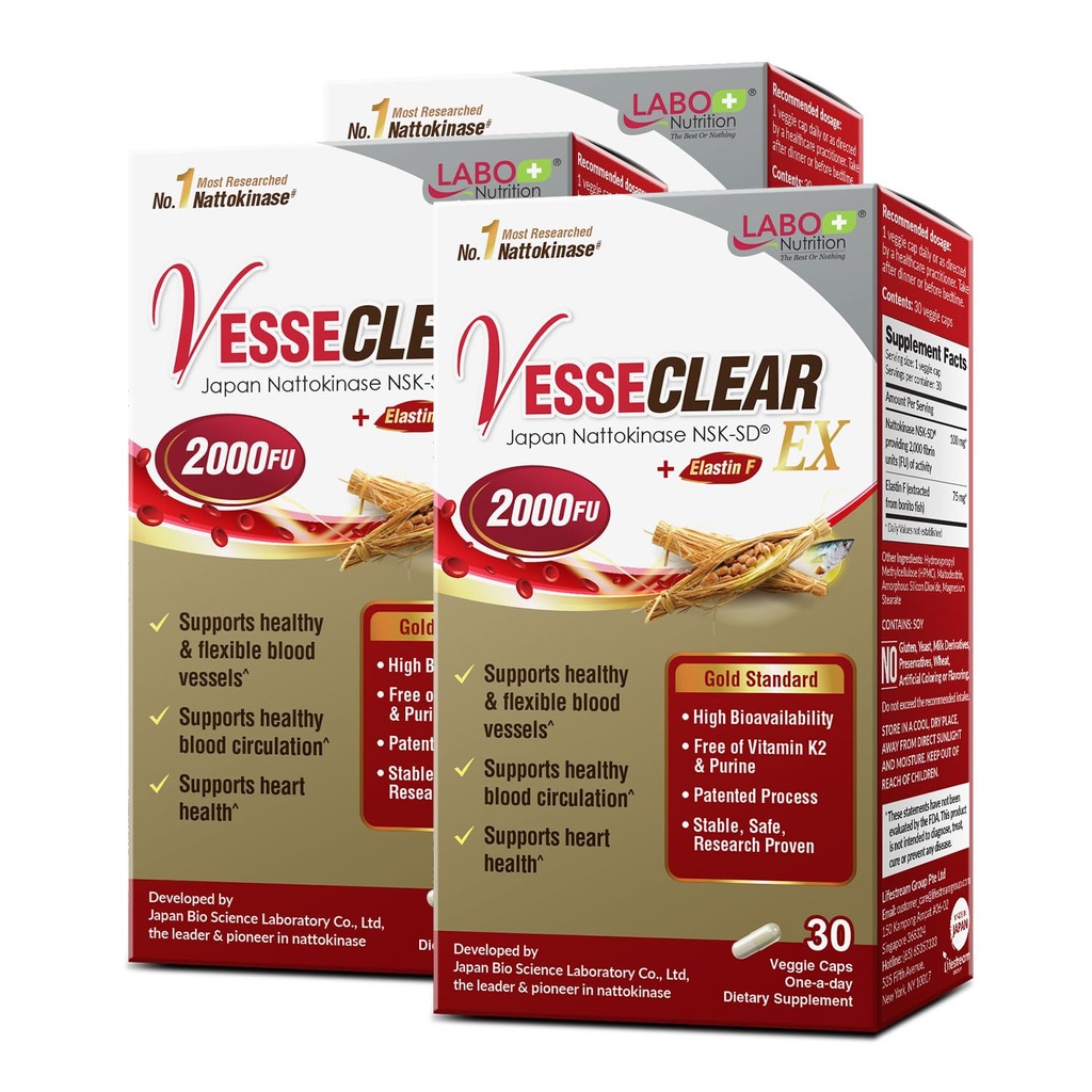 LABO Nutrición VesseCLEAR EX: Nattokinase NSK-SD+Elastin F for Clean &amp; Flexible Blood Vessel. La dosis funcional más estudiada de Japón, resistente a los ácidos y retrasados cápsulas de liberación, 90 condes