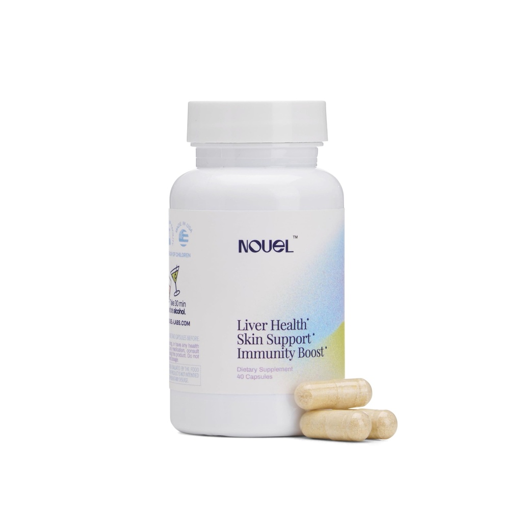 Nouel ← Skin + Liver + Immunity Support Silencioso de recuperación Suplemento para Beber Silencioso de leche Thistle, NAC, Ácido Hialurónico, CoQ10, Biotina, Antioxidantes Ø 40 cápsulas