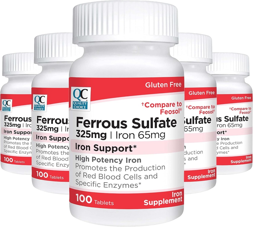 Opciones de calidad Hierro 65 mg (325 mg Sulfato ferroso) Suplemento de apoyo de hierro de alta potencia Tablas de suplemento en botellas de 100 condes (5 Pack)