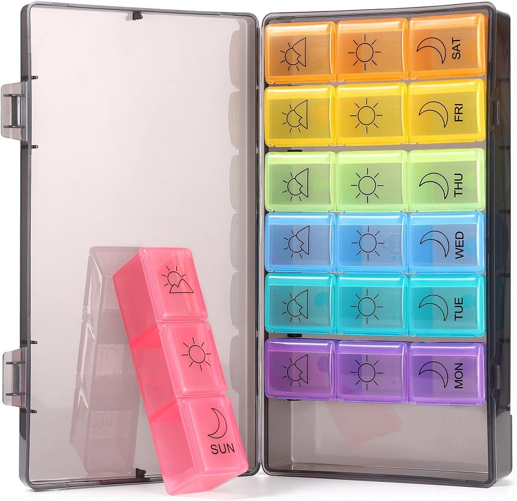 Organizador semanal de píldoras 7 días 3 veces, Portable Pill Organizer, BPA Free Pill Case, Travel Daily Pill Box Reminder, Medication Organizer for Vitamins, Supplements (Rainbow)