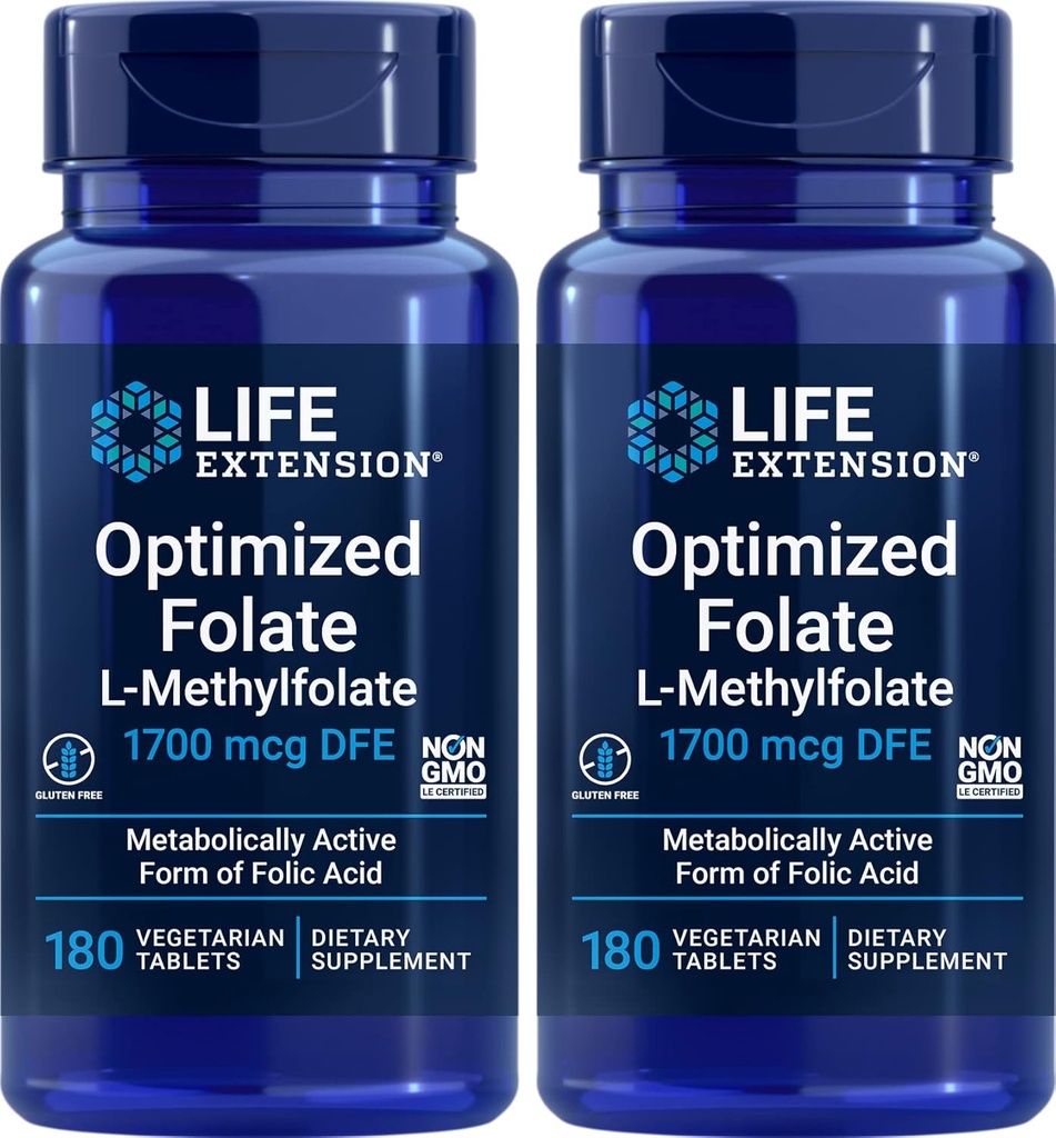 Ampliación de vida Folate optimizado (L-Methylfolate) 1700 mcg DFE, 180 Veg Tablets (Pack of 2)