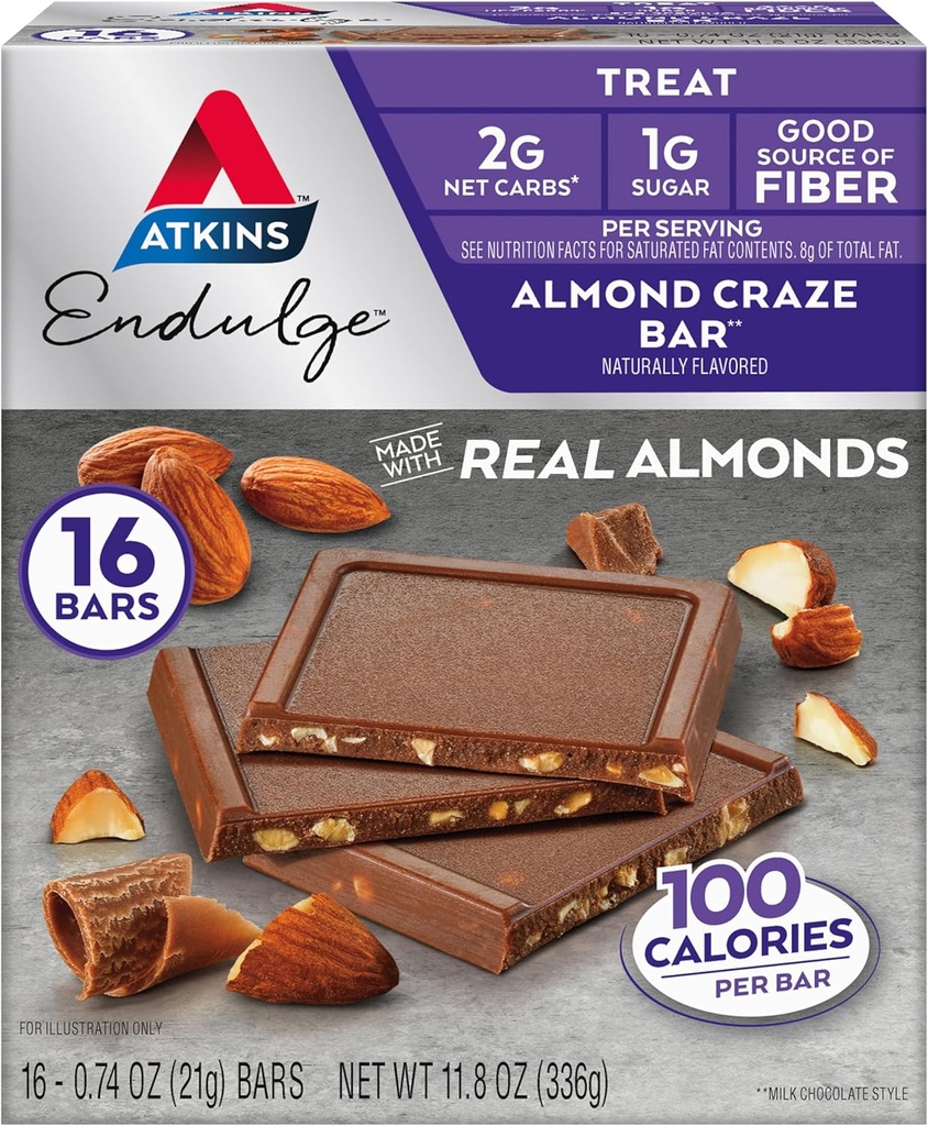 Atkins Endulge Treat, Almond Craze Bar, 2g Net Carbs, 1g de Sugar, Buena Fuente de Fiber, Keto Friendly, 16 Conde