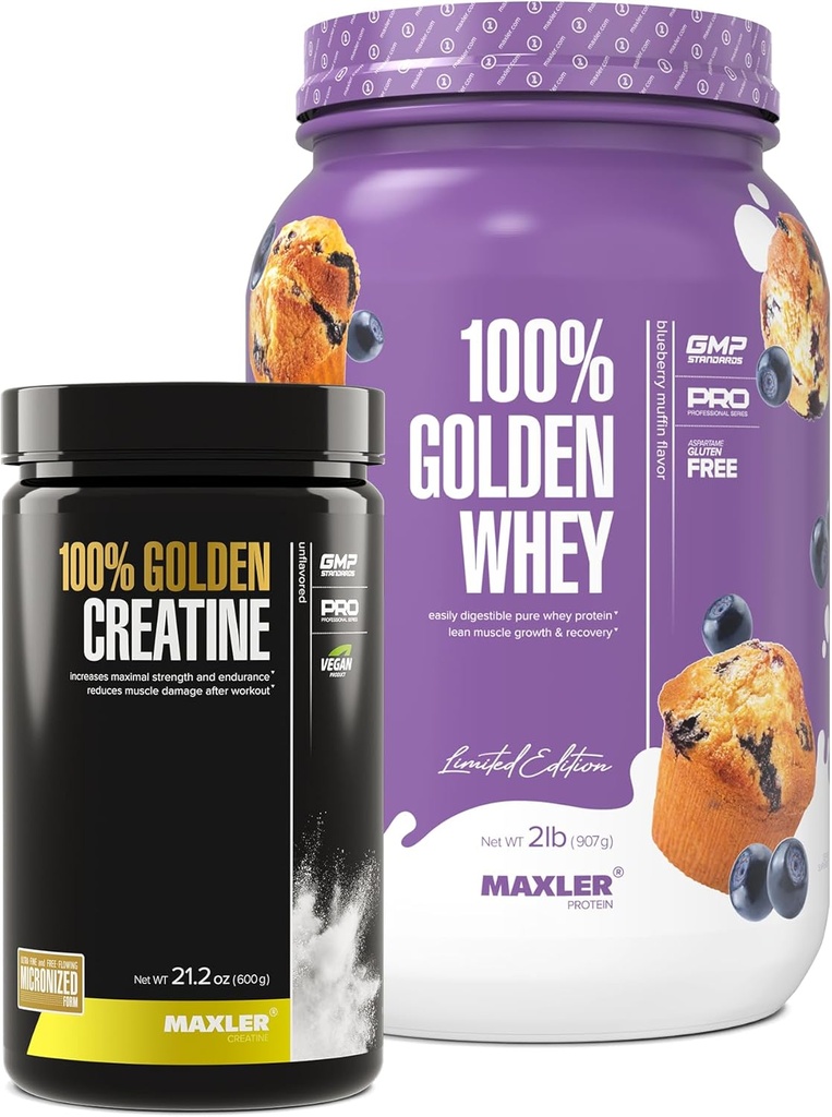Maxler 100% Golden Whey (Blueberry Muffin 2 lb) & 100% Golden Creatine (Unflavored 21.2 oz)