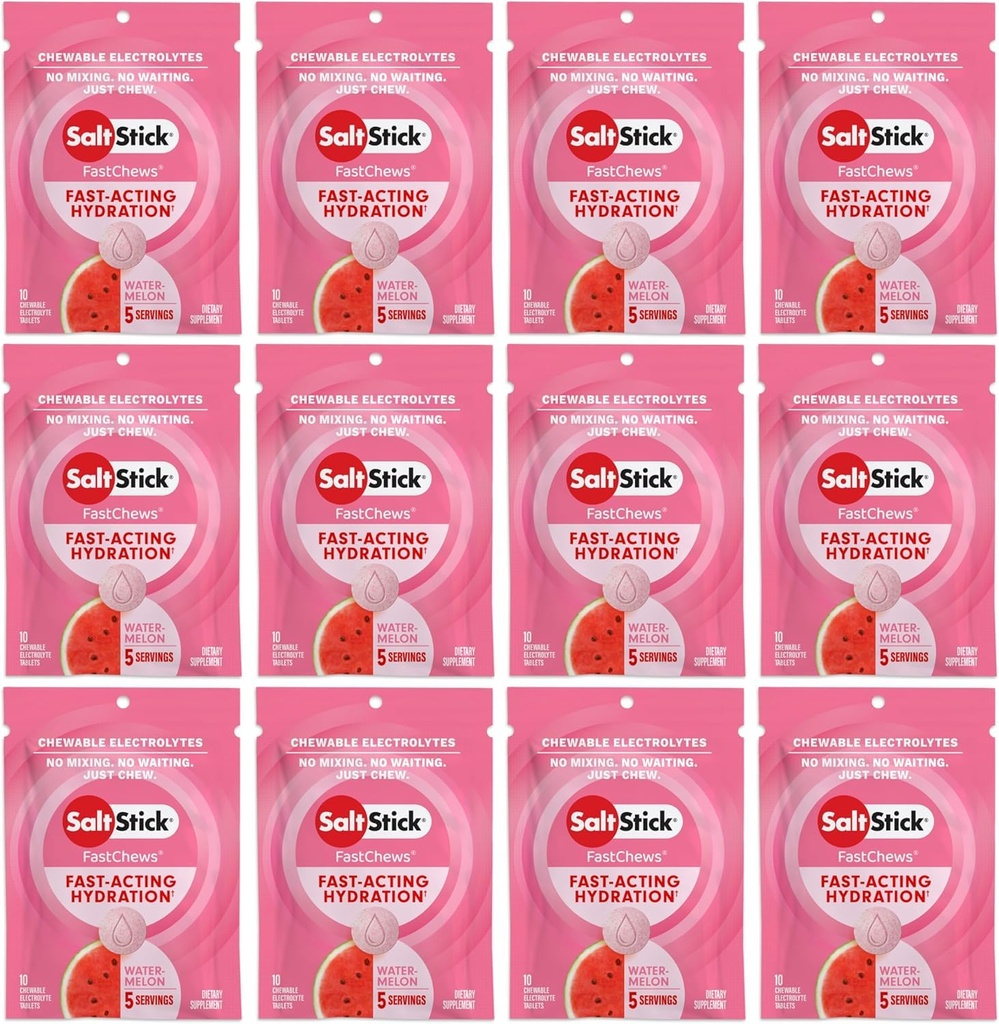 SaltStick Electrolyte FastChews - 120 Cuenta Watermelon Flavor - Tablas electrolíticas para la hidratación, Tapas Sal - 10 Cuenta (Pack of 12)