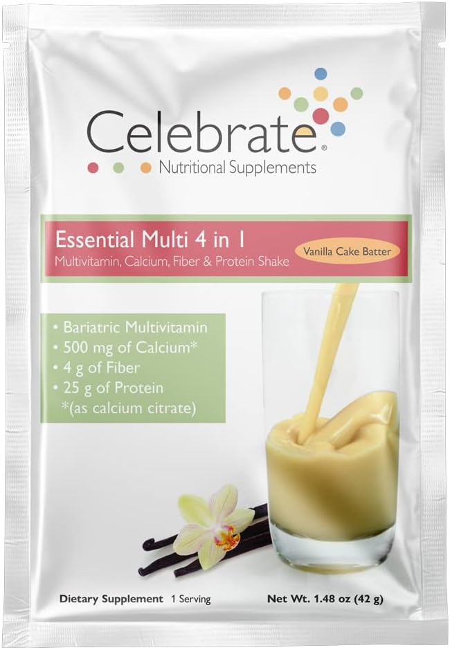 Celebrar vitaminas 4 en-1 Multivitamina Bariatrica con Afeitado de Citrato de Calcio Proteína, 500 mg de Calcio, para Cirugía Post Bariatrica, Batter de Vainilla, 15 Packs Únicos de Servir
